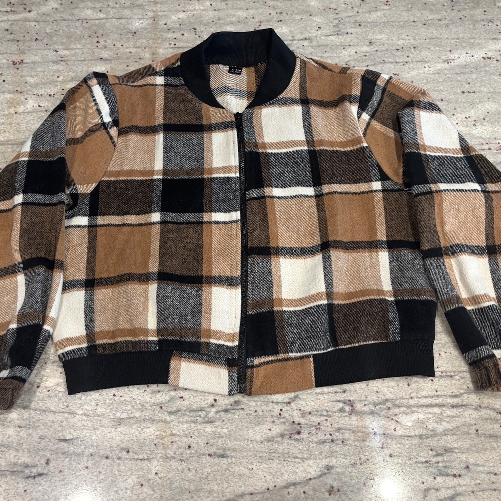 Shein Womens Plaid Light-Weight Zip Up Jacket - Brown Black and White Size M